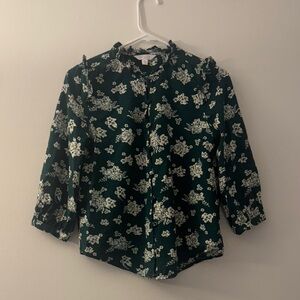 LC Lauren Conrad Dark Green Floral Ruffled Button-Front Blouse